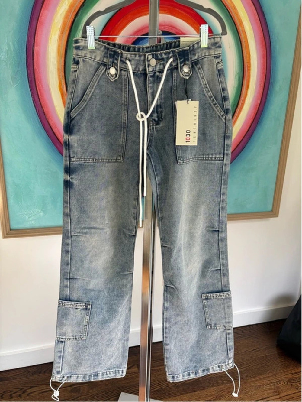Women’s Washed Gray Wide Leg Jeans with Drawstring Waist Many Sizes
